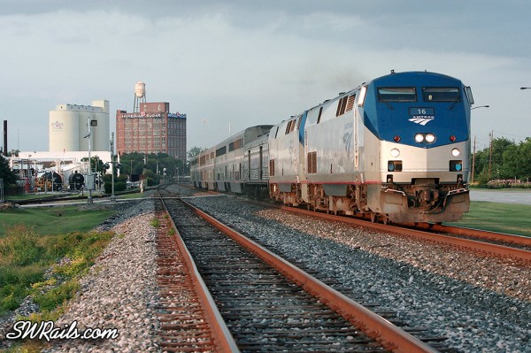 Amtrak train #1, the Sunset Limited, passes through Sugar Land, TX at sunset on May 9, 2012.