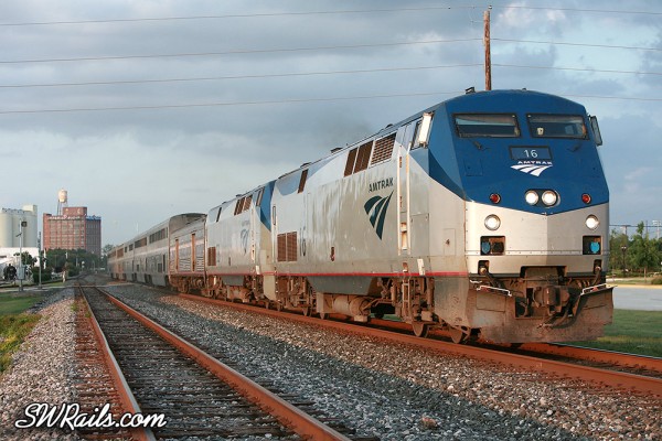Amtrak train #1, the Sunset Limited, passes through Sugar Land, TX at sunset on May 9, 2012.