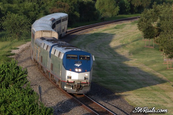 Amtrak P42DC 1 leads train #1, the Sunset Limited through Sugar Land TX
