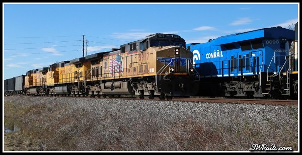 NS 8098, Conrail heritage unit, and UP AC4400CW 5917 at Harlem TX